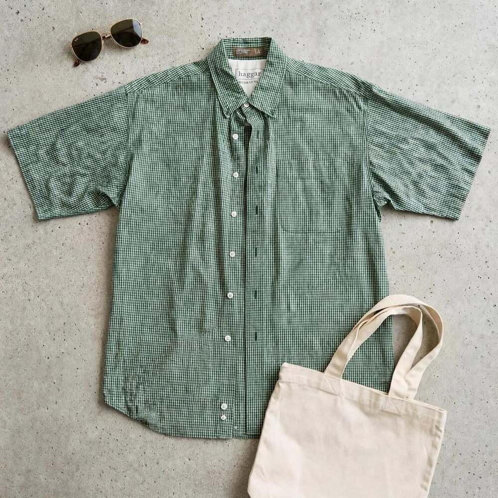 Haggar Generation Short Sleeve Shirt Size L Green White Check Cotton